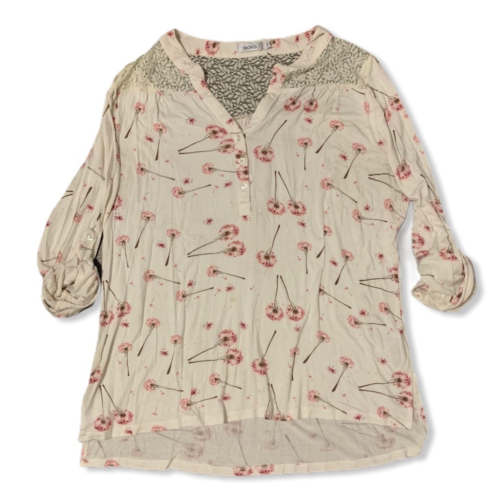 Ricki’s cream top pink dandelion print high low L